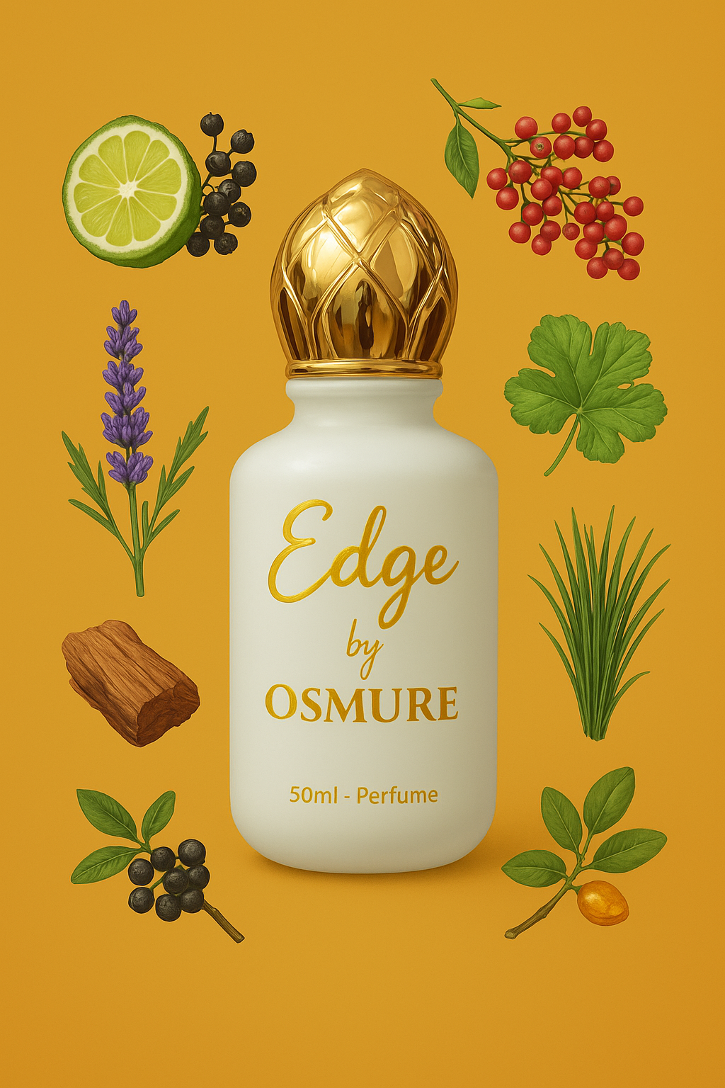 Perfume bottle labeled 'Edge by Osmure' with botanical elements on a yellow background