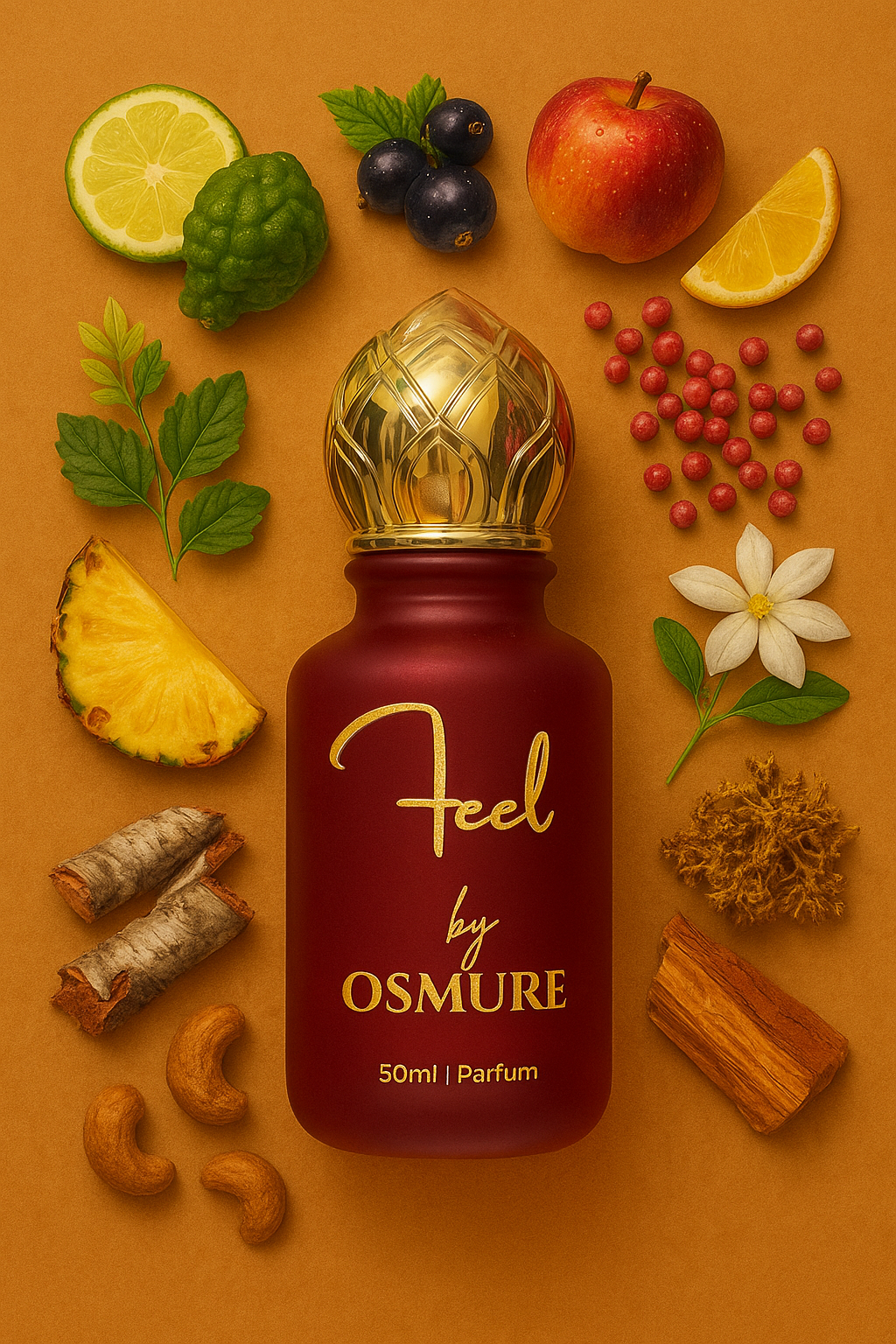 Red perfume bottle labeled 'Feel by Osmure' surrounded by fruits, vegetables, and herbs on a brown background
