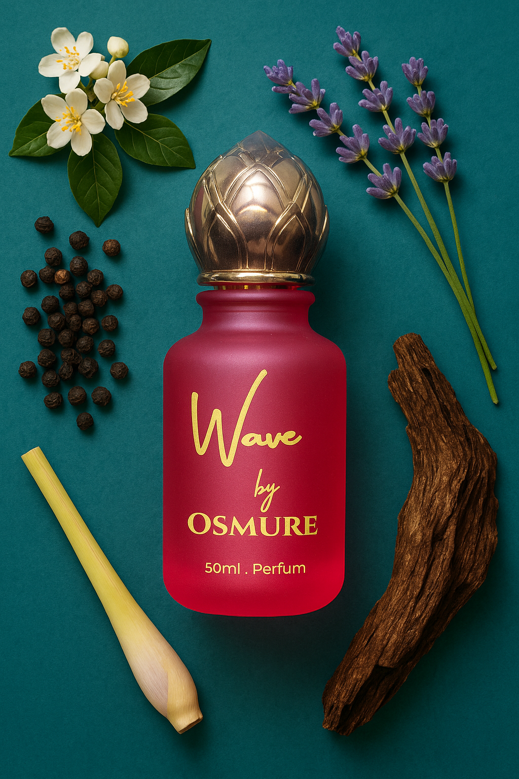 Red perfume bottle labeled 'Wave by Osmure' with floral and spice elements on a teal background